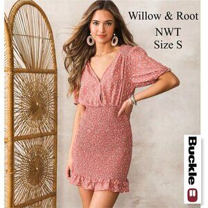 WILLOW & ROOT Floral Print Smocked Ruffle Mini Dress BodyCon V-Neck Small